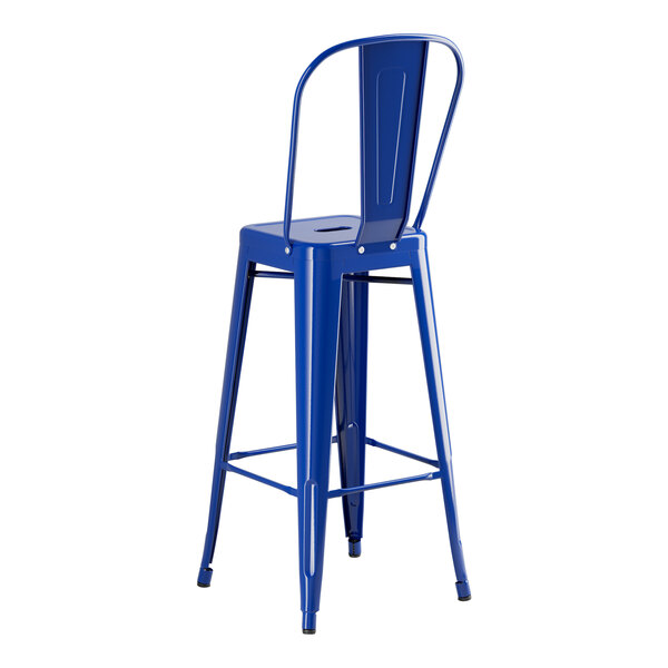 A blue metal Lancaster Table & Seating barstool with a backrest.