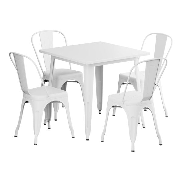 A white square Lancaster Table & Seating Alloy Series outdoor table with four white chairs.
