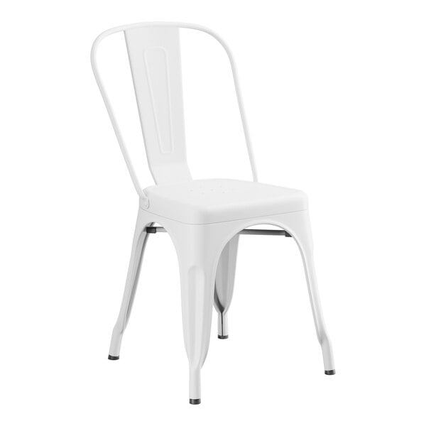 A white metal Lancaster Table & Seating chair with a white plastic seat and back.