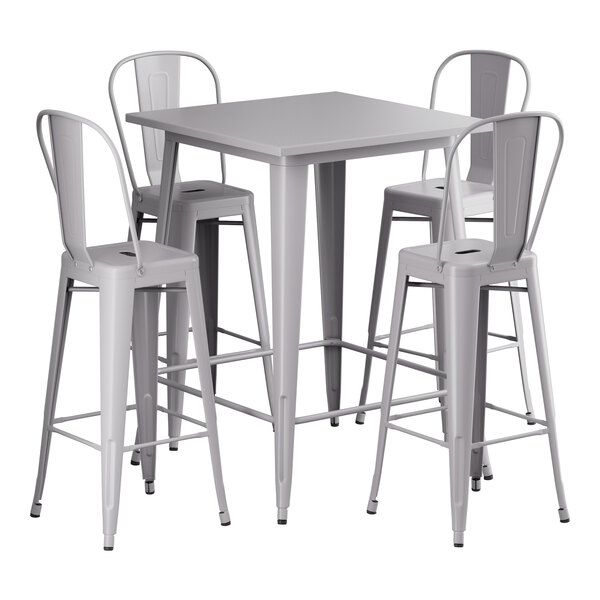 A Lancaster Table & Seating nickel gray square table with a white background and four white chairs.