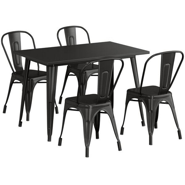 Restaurant Set of 36 Square Black Table On Heavy Duty Black Iron Cast Base  with Four X-Back Commercial-Grade Walnut Restaurant Chair -  ModernLineFurniture®