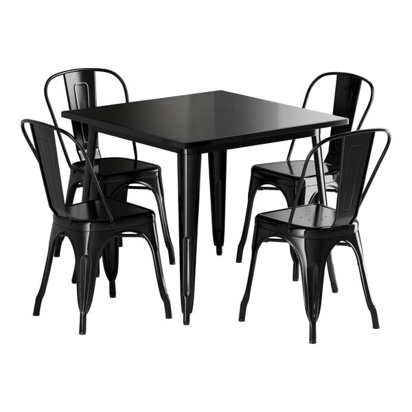 A Lancaster Table & Seating Onyx Black metal table with 4 chairs.