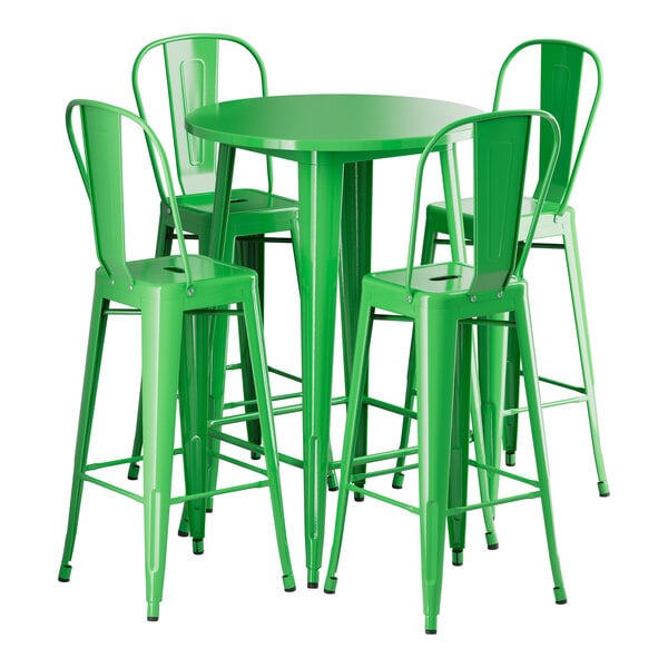 A Lancaster Table & Seating jade green table with four barstools.