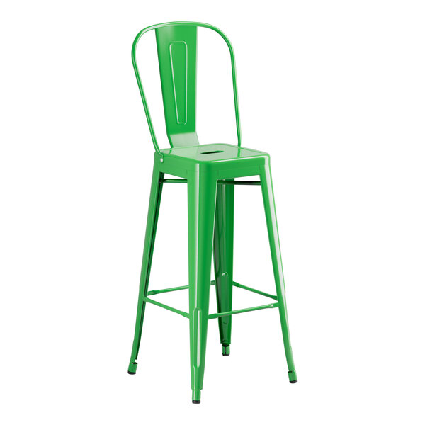 A Lancaster Table & Seating Jade Green metal barstool with a backrest.