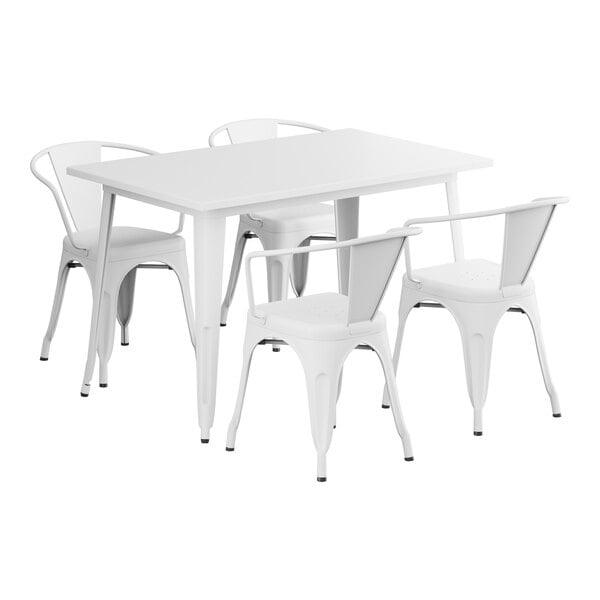 A Lancaster Table & Seating pearl white table with four arm chairs.