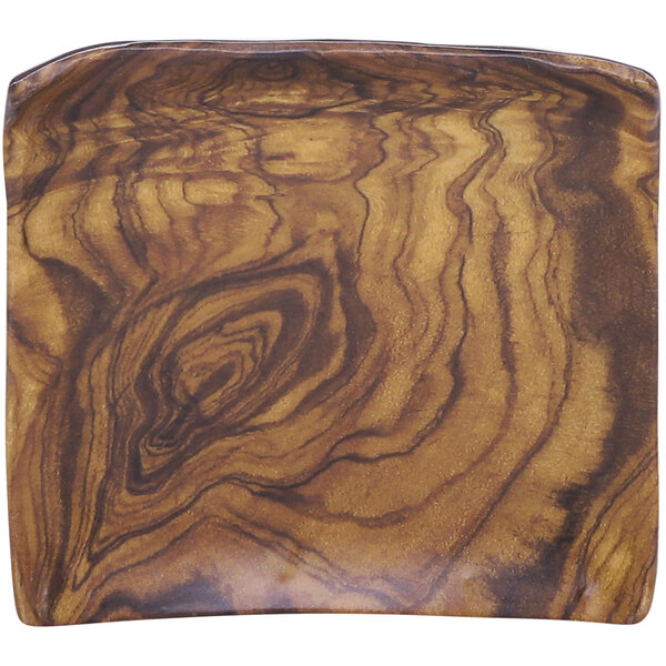 A close up of an Elite Global Solutions Sequoia wood grain square melamine plate.