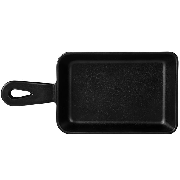 A black rectangular Elite Global Solutions melamine fry pan with handles.