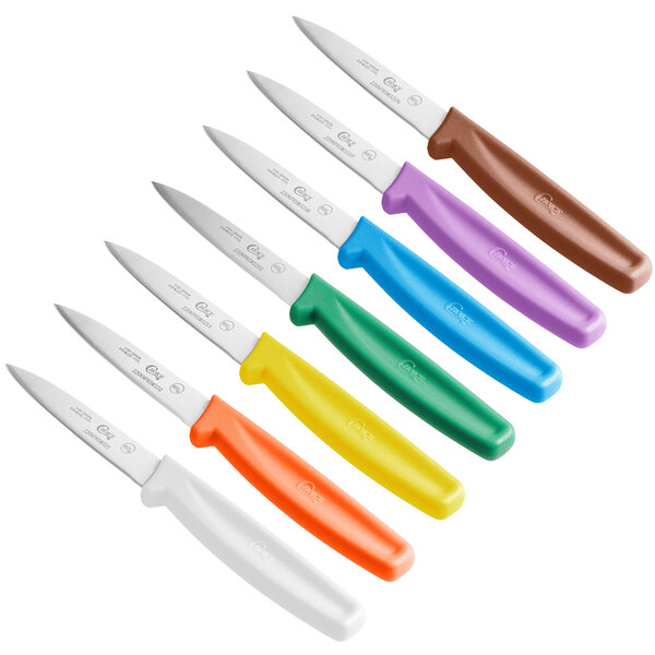 A 7 pack of Choice paring knives with different colored handles.
