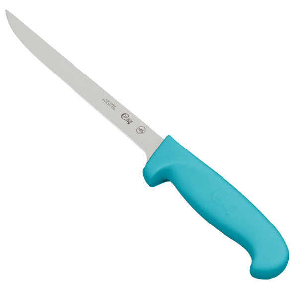 A Choice 8" narrow semi-stiff fillet knife with a neon blue handle.