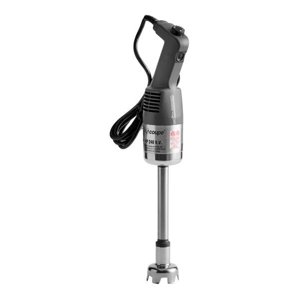 A handheld electric immersion blender with a long blending shaft and a power cord.