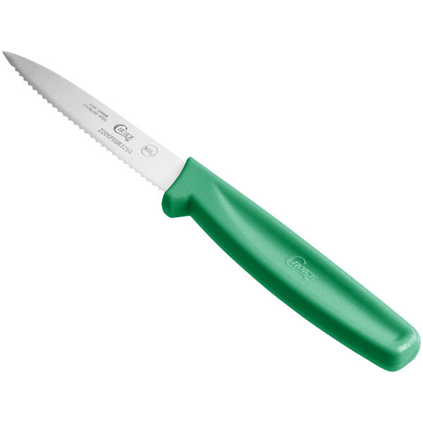A Choice paring knife with a green handle.