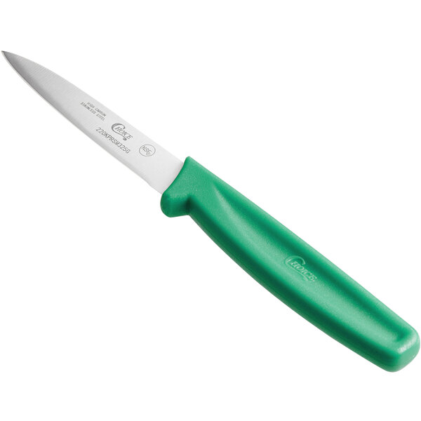 A Choice paring knife with a green handle.