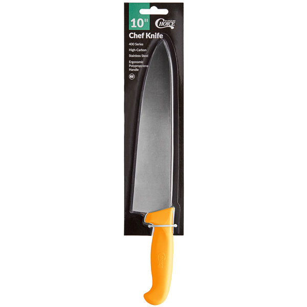 A Choice chef knife with a neon orange handle and a yellow blade in a package.