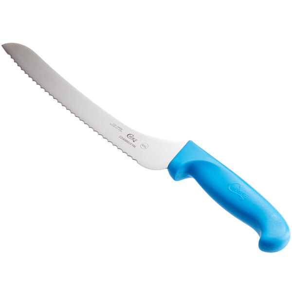 A Choice bread knife with a blue handle.