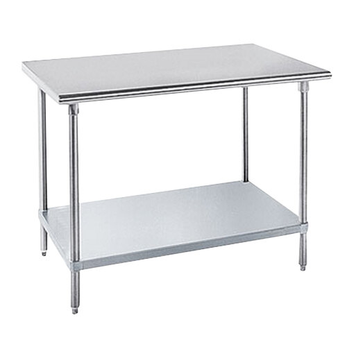 An Advance Tabco stainless steel work table with galvanized undershelf.