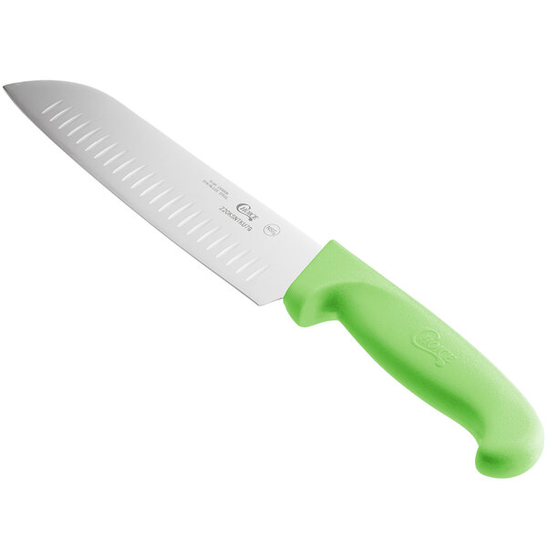 A Choice Santoku knife with a neon green handle and a granton edge.