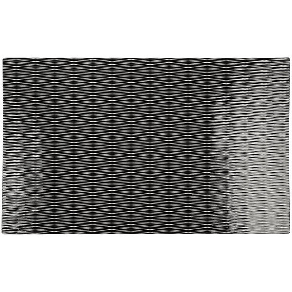 A black rectangular Elite Global Solutions melamine platter with a textured woven surface.