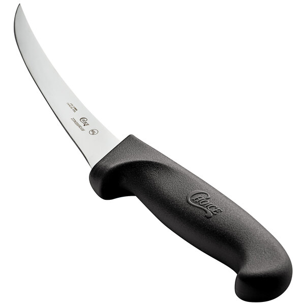 A Choice curved stiff boning knife with a black handle.
