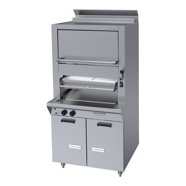 An upright stainless steel commercial ceramic broiler with a finishing oven and storage base.