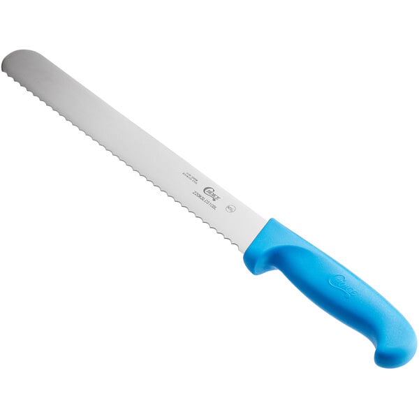 A Choice bread knife with a blue handle.