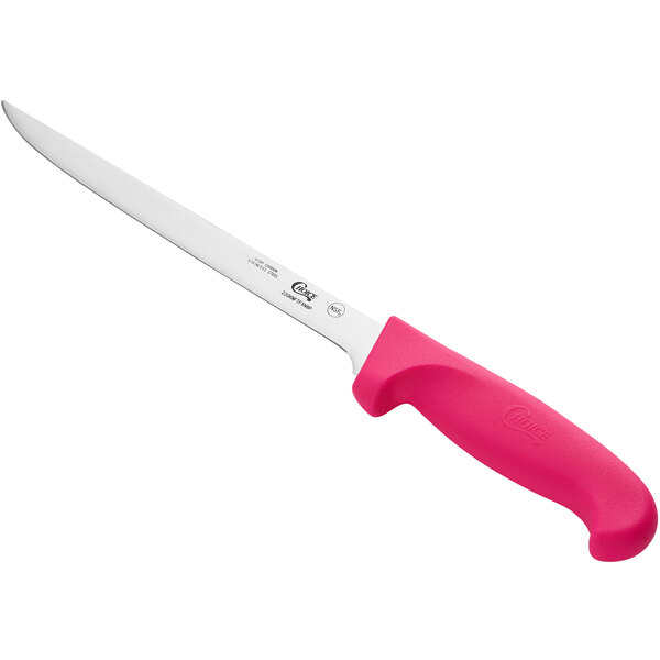 A Choice 8" narrow semi-stiff fillet knife with a neon pink handle.