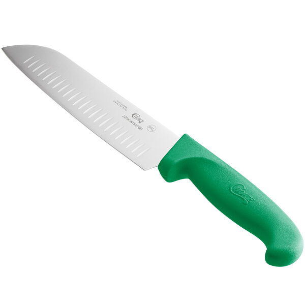 A Choice Santoku knife with a green handle and granton edge.