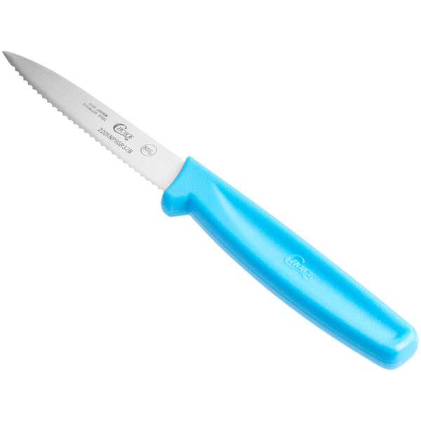 a knife with a blue handle
