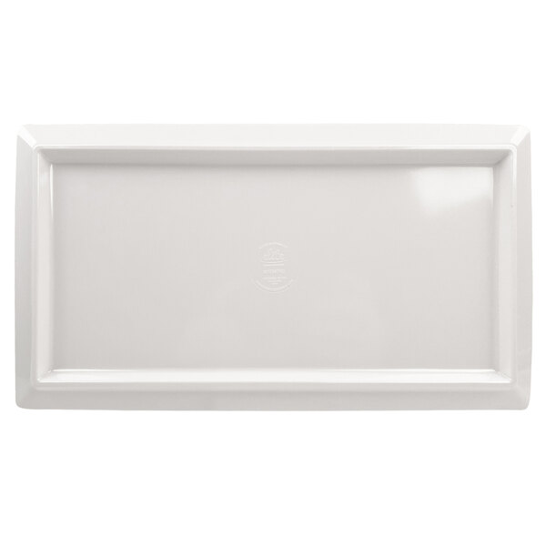 A blue rectangular melamine platter with a textured surface.