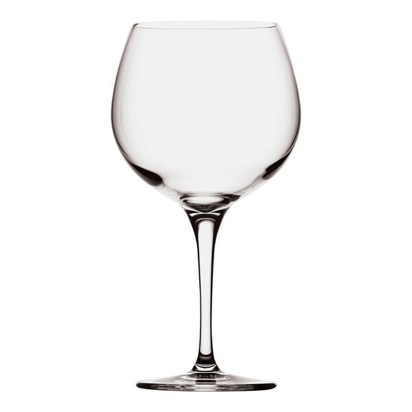 A close-up of a Nude Primeur wine glass with a stem.