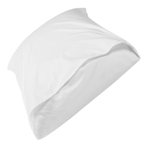 A white pillow with a smooth, fitted cover featuring an envelope-style closure.