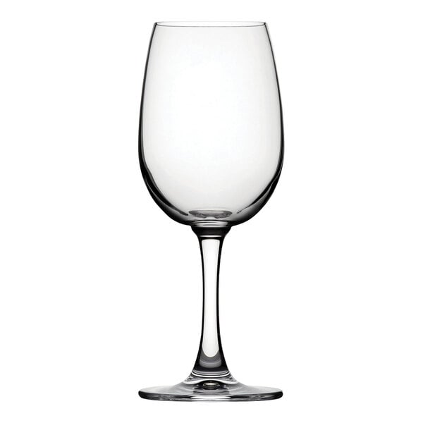 A close-up of a Nude Reserva wine glass with a stem.