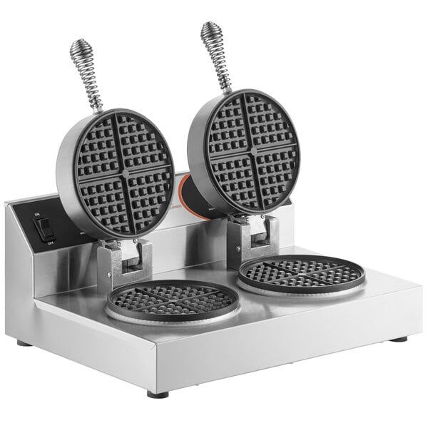 A Nemco SilverStone dual waffle maker with two waffles.