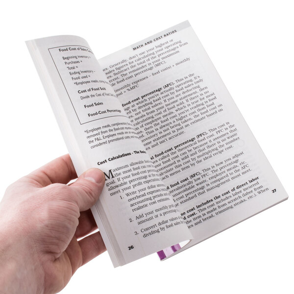 A hand holding the book "Controlling Restaurant & Food Service Food Costs" open to a page of instructions.