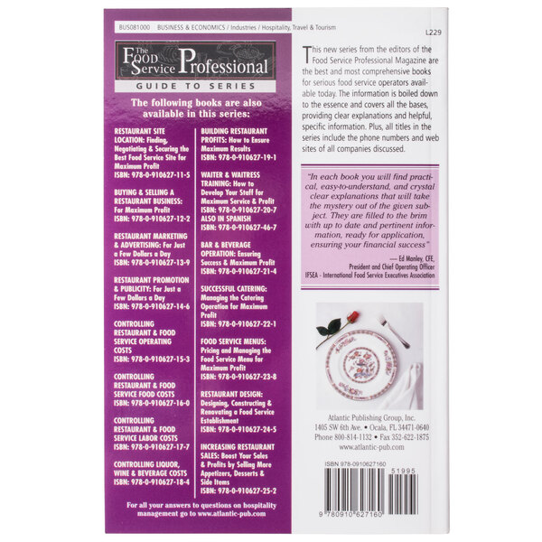 The back cover of a book titled "Controlling Restaurant & Food Service Food Costs" on a counter in a professional kitchen.