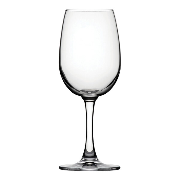 A close-up of a clear Nude Reserva wine glass with a stem.
