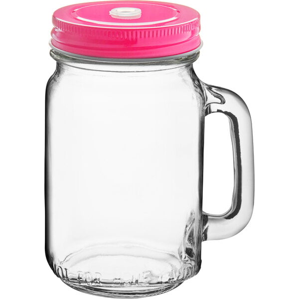 Acopa Rustic Charm 16 oz. Drinking Jar with Handle and Pink Metal