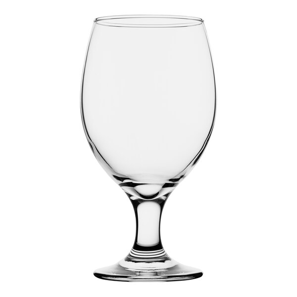 A close-up of a clear Pasabahce Capri wine goblet with a foot.