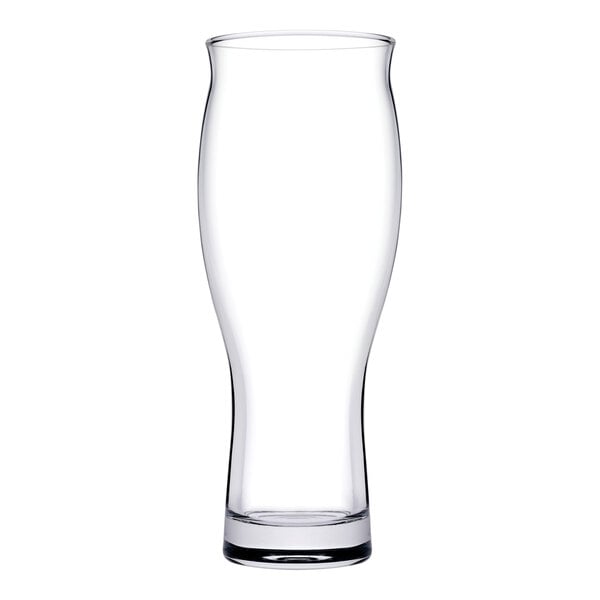 A clear Pasabahce Revival Pilsner glass with a white background.