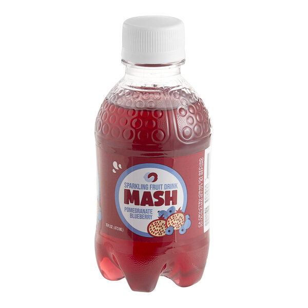 A Boylan Mash Pomegranate Blueberry soda bottle with red liquid and a red cap.