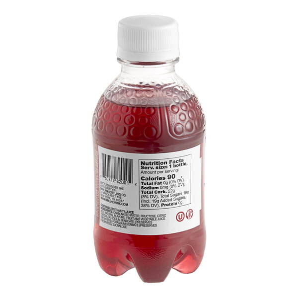 A Boylan Bottling Co. Mash Pomegranate Blueberry sparkling fruit beverage bottle with a red label filled with red liquid.