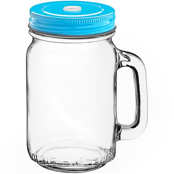 Acopa Rustic Charm 16 oz. Drinking Jar with Handle and Light Blue