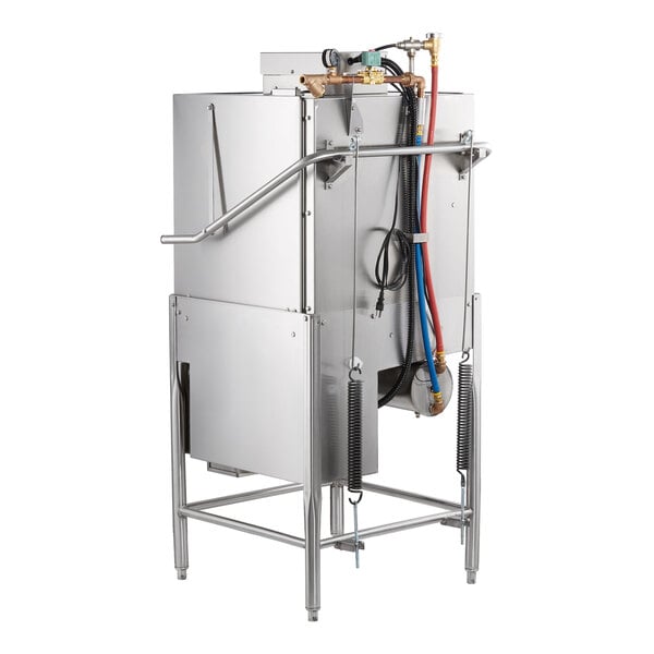 A commercial high temperature dishwasher with a stainless steel exterior and visible hoses and pipes.