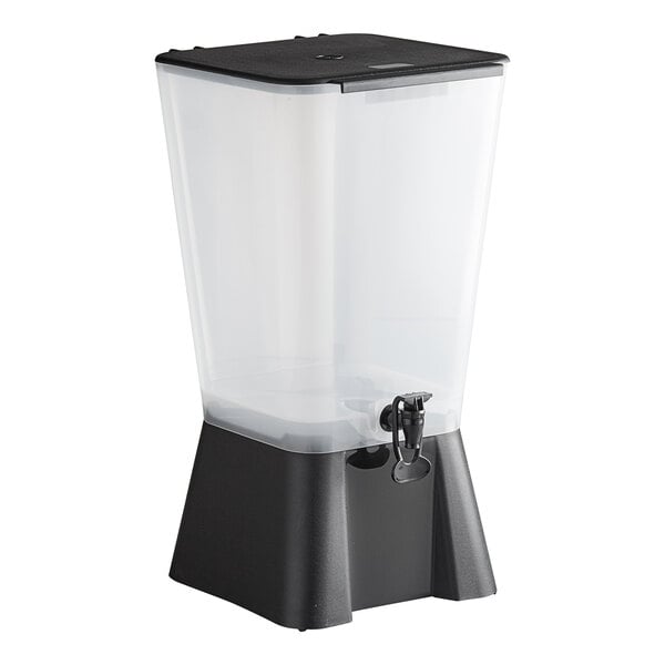 A large, clear plastic beverage dispenser with a black base and lid, featuring a hands-free spigot for dispensing drinks.