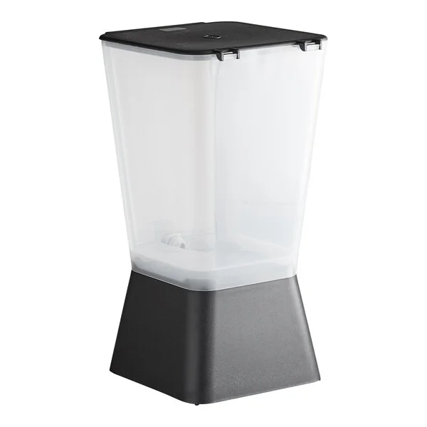 A 5-gallon black and clear hands-free beverage or juice dispenser.