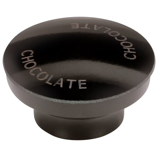 A black round Server condiment dispenser knob with the word "chocolate" on it.