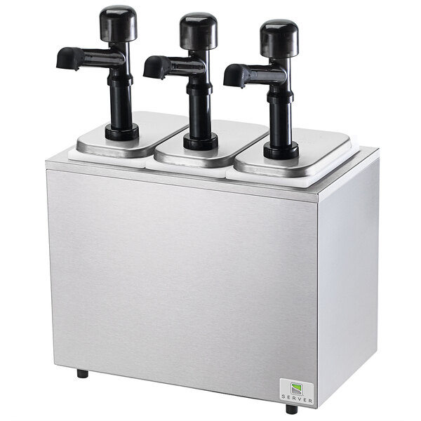 A silver rectangular Server countertop condiment dispenser with three jars and three solution pumps.