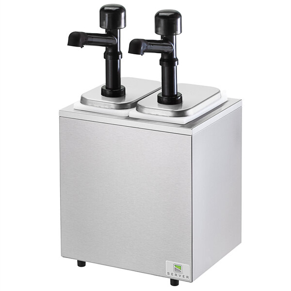 A silver rectangular Server countertop cold station with two black lids over two solution pumps.