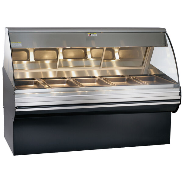An Alto-Shaam stainless steel heated display case with curved glass on a counter.
