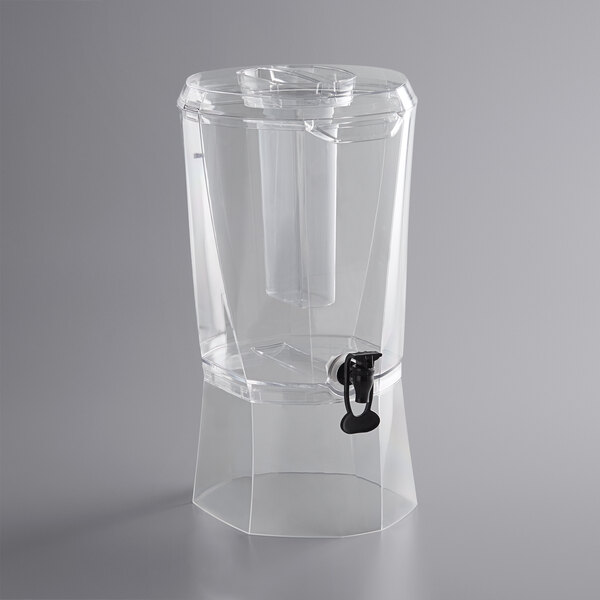 A clear plastic container with a black handle and vertical ice core.