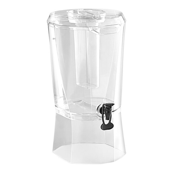 A clear acrylic beverage dispenser with a vertical ice core and a hands-free spigot, holding 3.5 gallons.